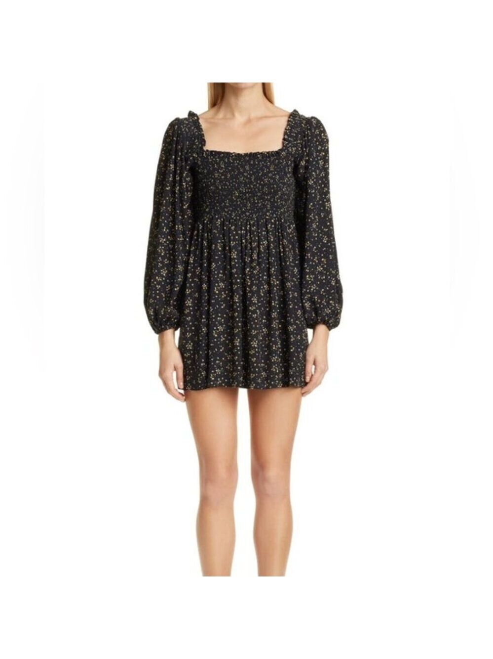 GANNI Floral Smocked Mini Dress Long Balloon Puff Sleeve Black Size 6 EUC - Picture 3 of 12